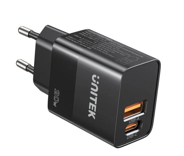 P1124ABK01-EU UNITEK 20W Wall Charger, EU, USB-A QC + USB-C PD, Black