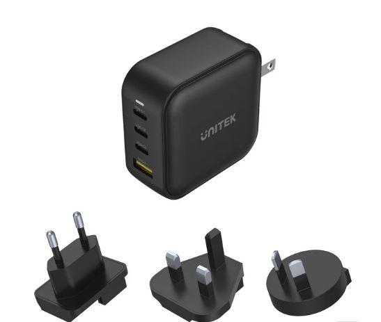 P1112ABK, UNITEK, Charger, 100W 4-in-1 USB GaN Charger (3*USB-C PD + USB-A QC3.0), With US/EU/UK/AU Plugs, Black.
