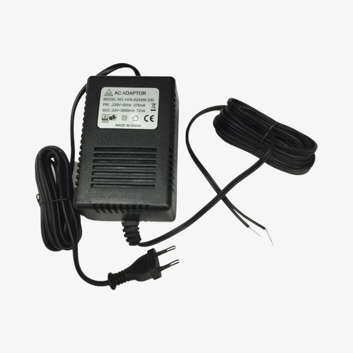HKA-A24300-230 კვების ბლოკი 24VAC / 3A დახურული ტიპის კორპუსით – უსაფრთხოებისა და CCTV სისტემებისთვის.