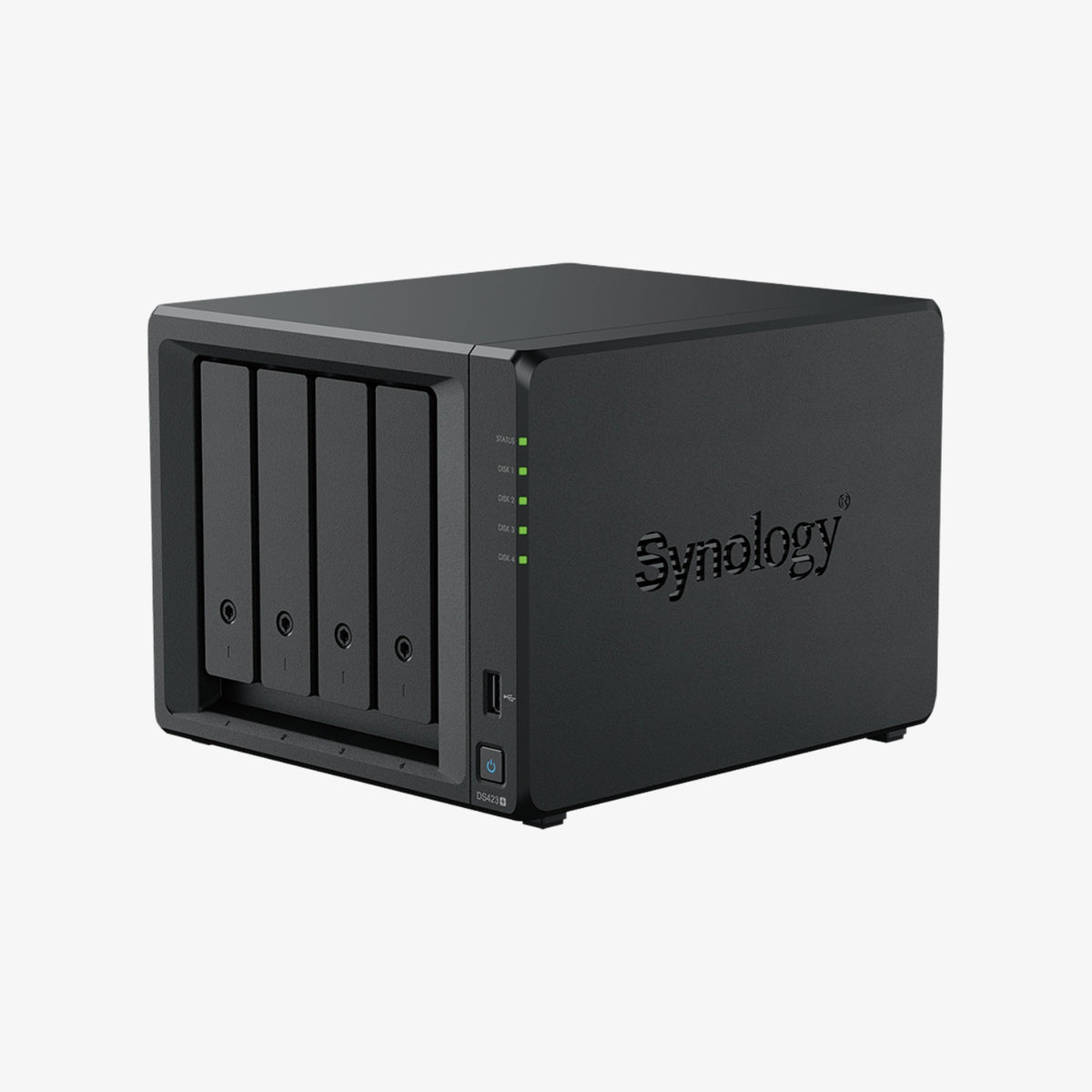 NAS სერვერი Synology DS423+ – ოთხბაიიანი ქსელური საცავი ძლიერი პროცესორით და მაღალი წარმადობით, განკუთვნილი მონაცემთა უსაფრთხო შენახვისთვის.